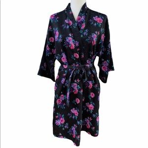 Vintage Intimate Affairs California Black Robe with Pink Floral Print